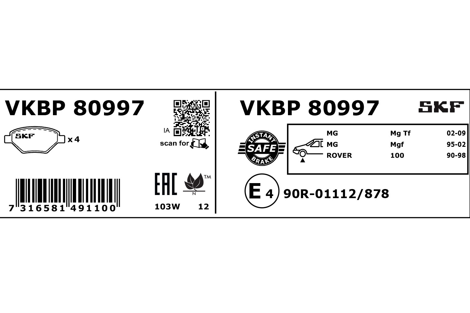 SKF VKBP 80997 Bremsbelagsatz, Scheibenbremse